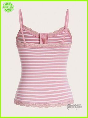 Striped Lace Trim Crop Top Button Front Spaghetti Strap Y2K Camisole